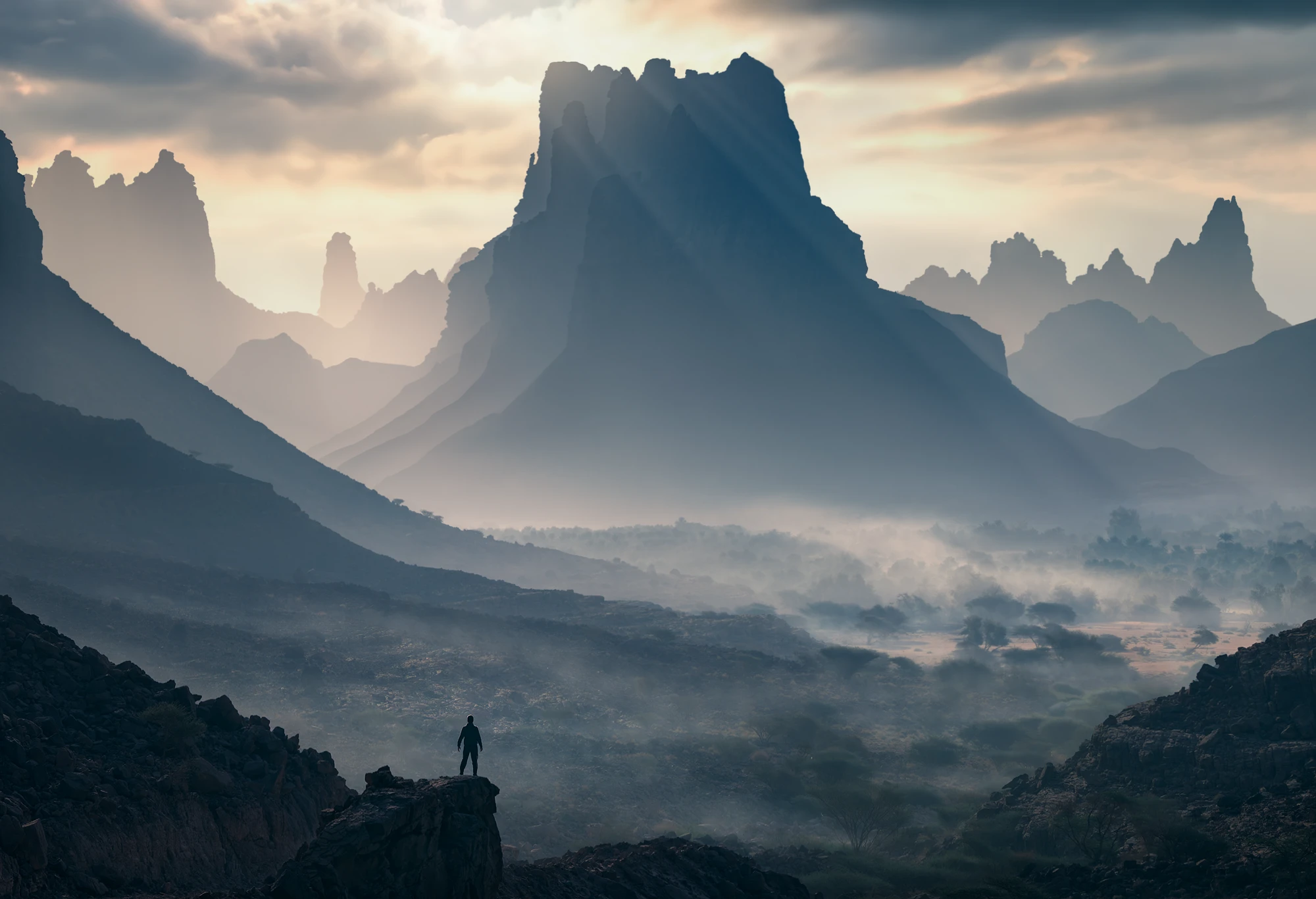 Saudi Arabia desert monolith landscape at sunrise with a lone photographer and dramatic light rays