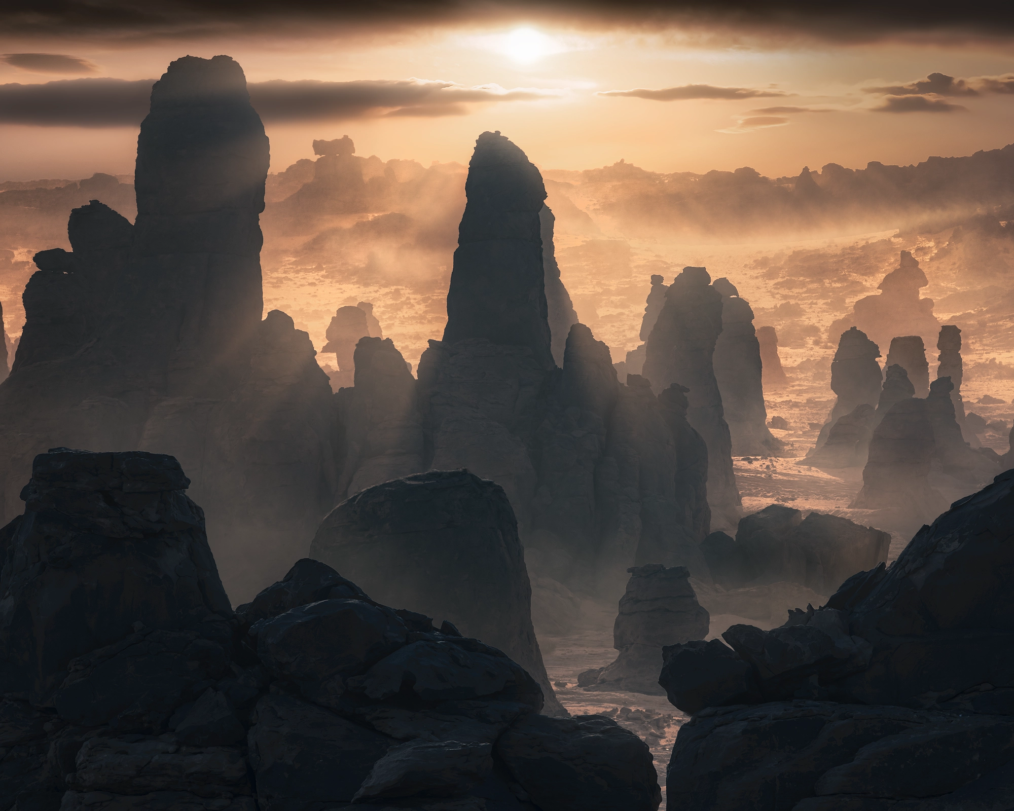 Golden sunrise light over AlUla sandstone formations in Saudi Arabia during a landscape photography tour