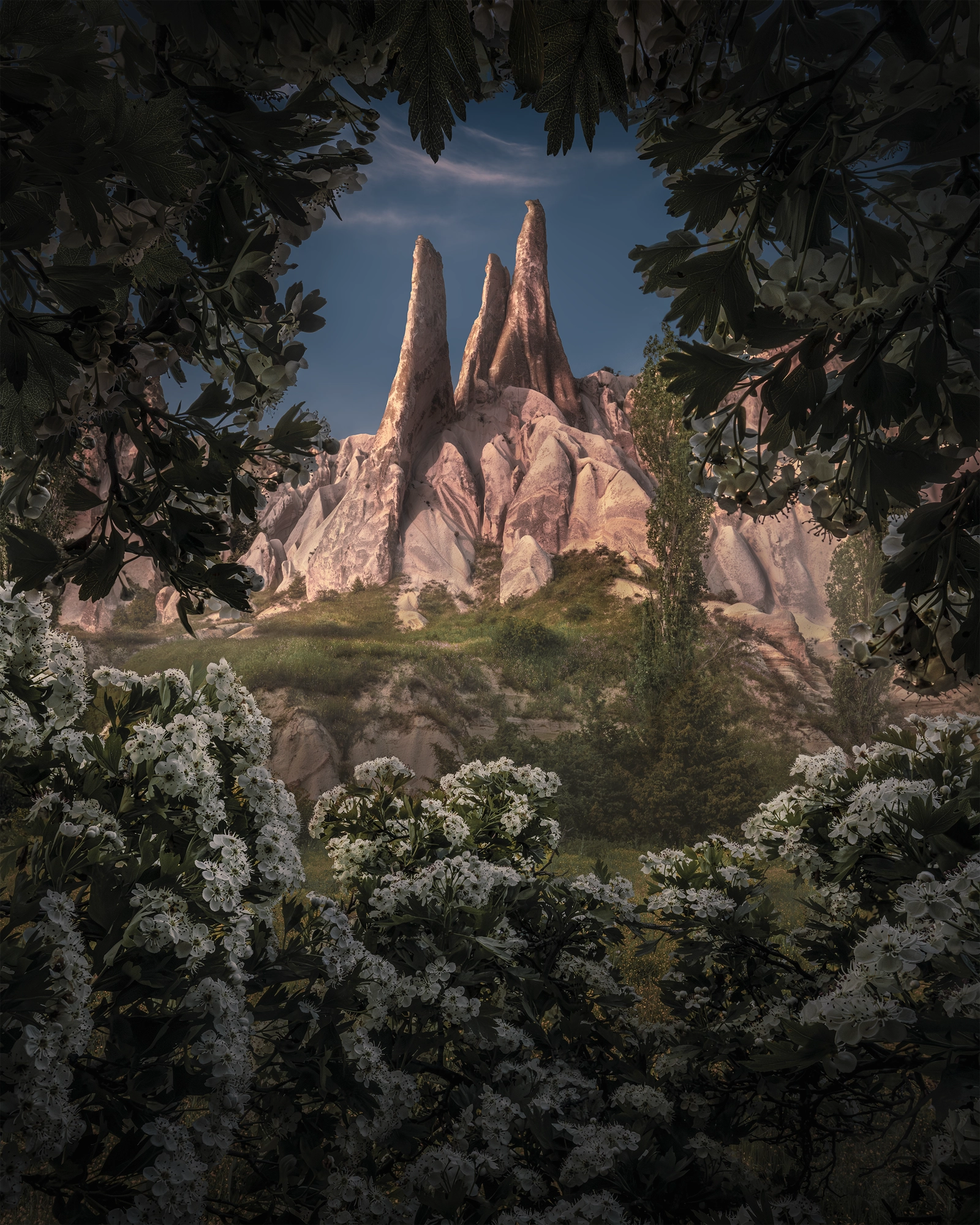 Cappadocia fairy chimneys framed by spring blossoms during a landscape photography tour in Turkey