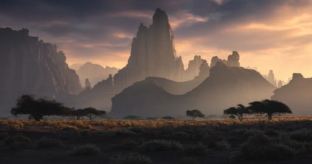 Golden light over dramatic rock formations in Saudi Arabia’s desert near AlUla and Tabuk, photographed by Aytek Cetin during his photography tour.